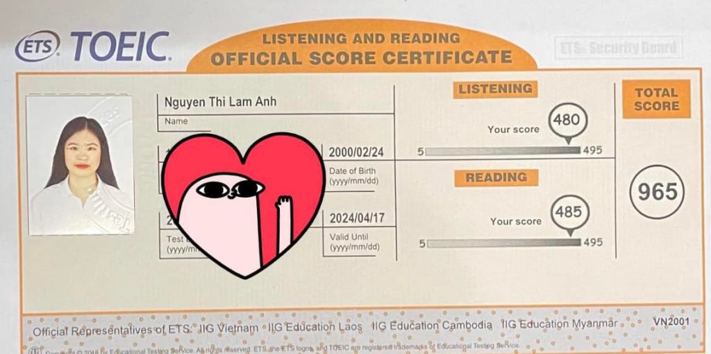 Lâm Anh đạt số điểm TOEIC cao nhất tại Manh Ha English 1 diem toeic lam anh