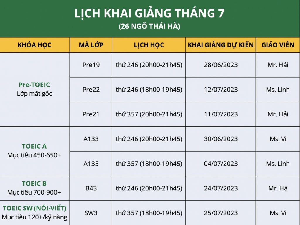 LỊCH KHAI GIẢNG THÁNG 7 1 thang 7