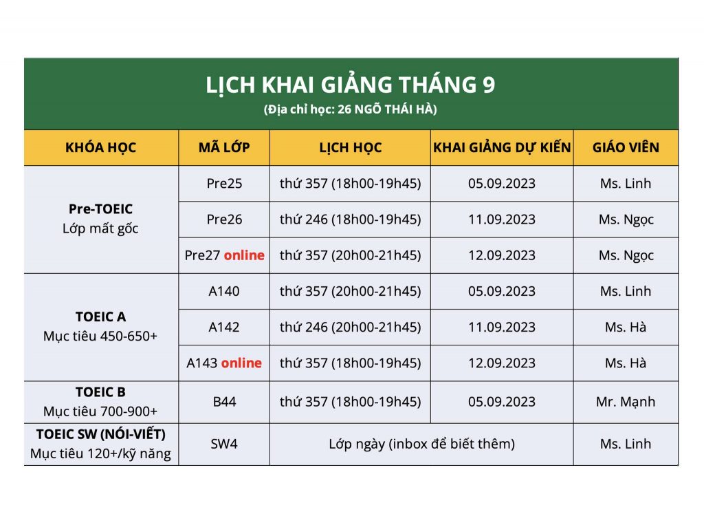 LỊCH KHAI GIẢNG THÁNG 9 BỔ SUNG 1 thang 9