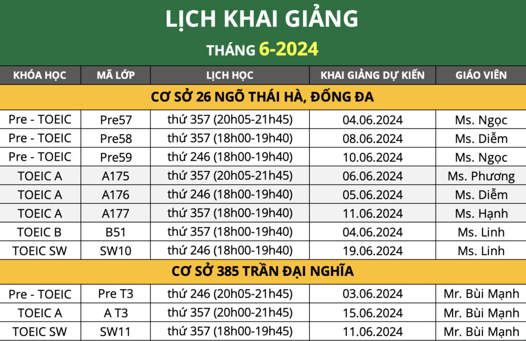 LỊCH KHAI GIẢNG LỚP TOEIC 06/2024 1 LICH THANG 6
